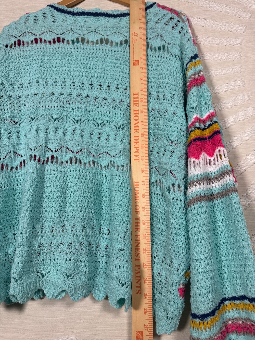 POL Women’s Medium Aqua Open Knit Striped Boho Sweater - Picture 7 of 8